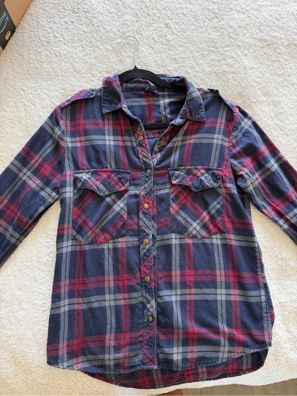 Women’s Navy and Red Plaid Button-Up Shirt
